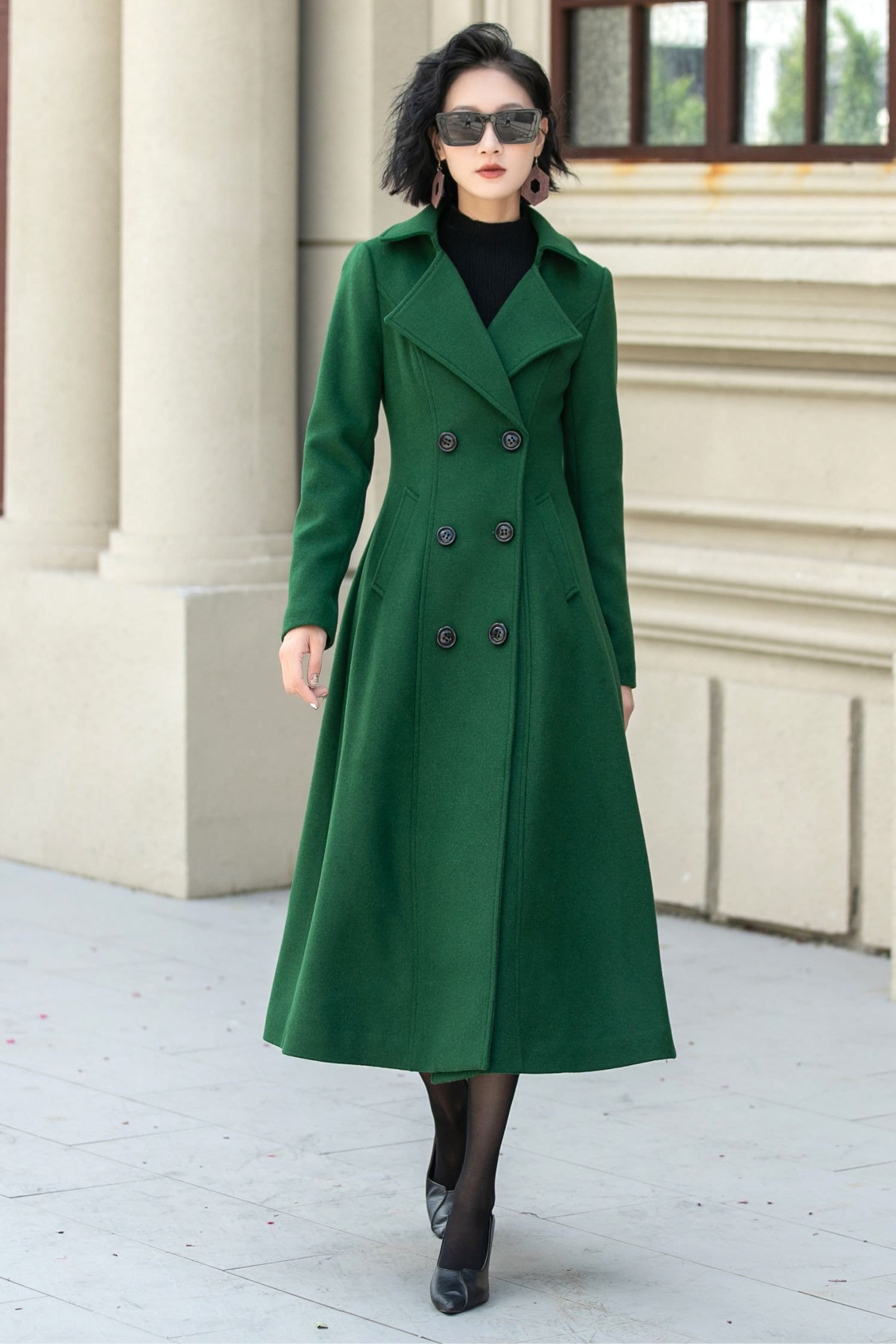 Forest Green Wool Coat: Handmade Double Breasted Winter Coat
