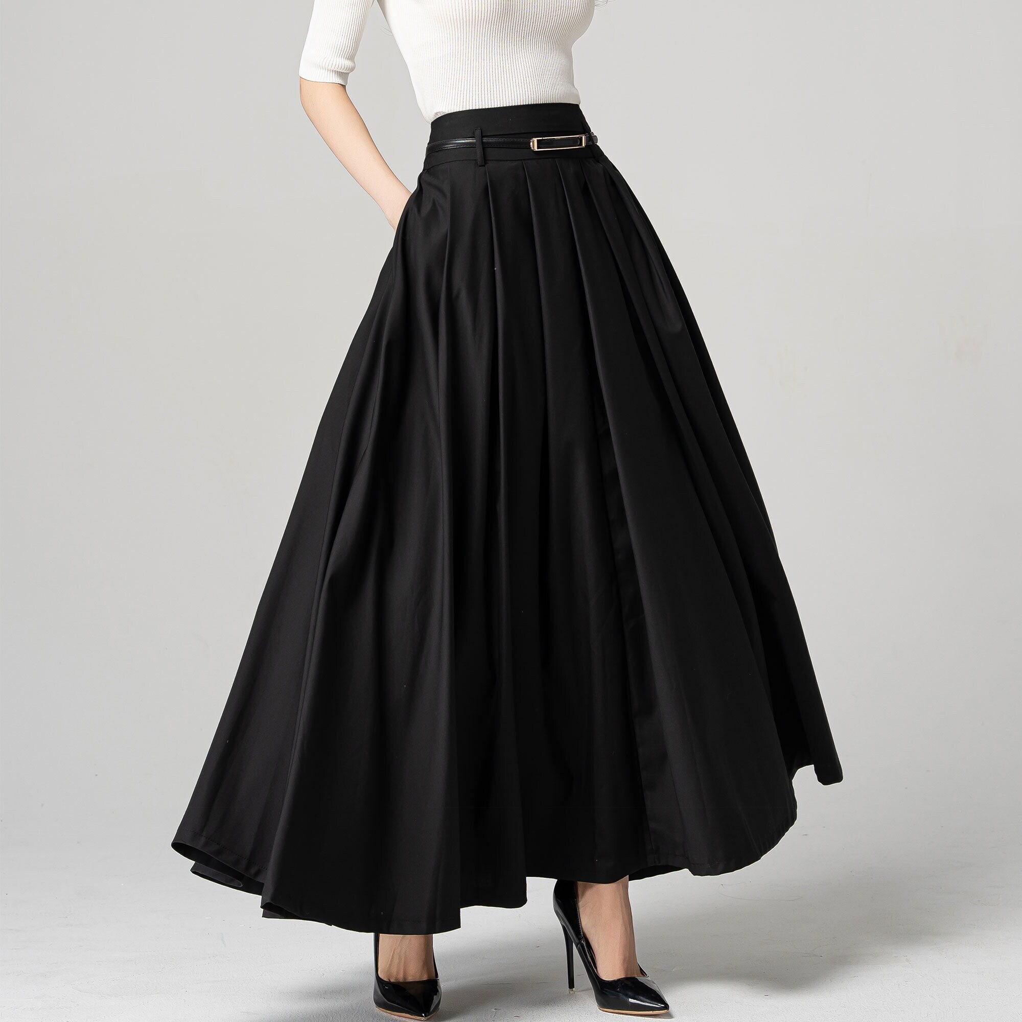 Work Skirt, Black Swing Maxi Skirt, Womens Pleated Long