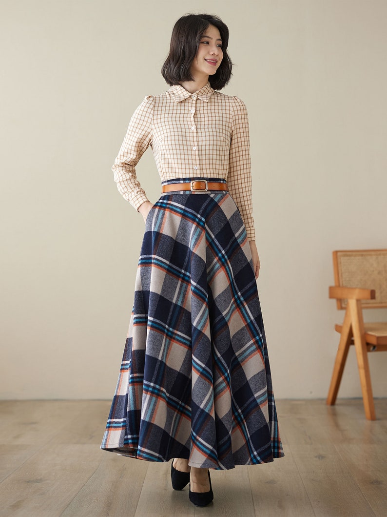 Green Long Wool Plaid Skirt, Maxi Wool Skirt with Pockets, Tartan Skirt, Vintage Swing A Line Skirt, Full Fall Winter Skirt, Xiaolizi 4000 plaid-7