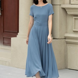 Summer office dress, Blue Chiffon Dress, Midi chiffon dress, Womens Swing Chiffon dress, fit and flare dress, Custom dress, XiaoLizi 5192 image 4