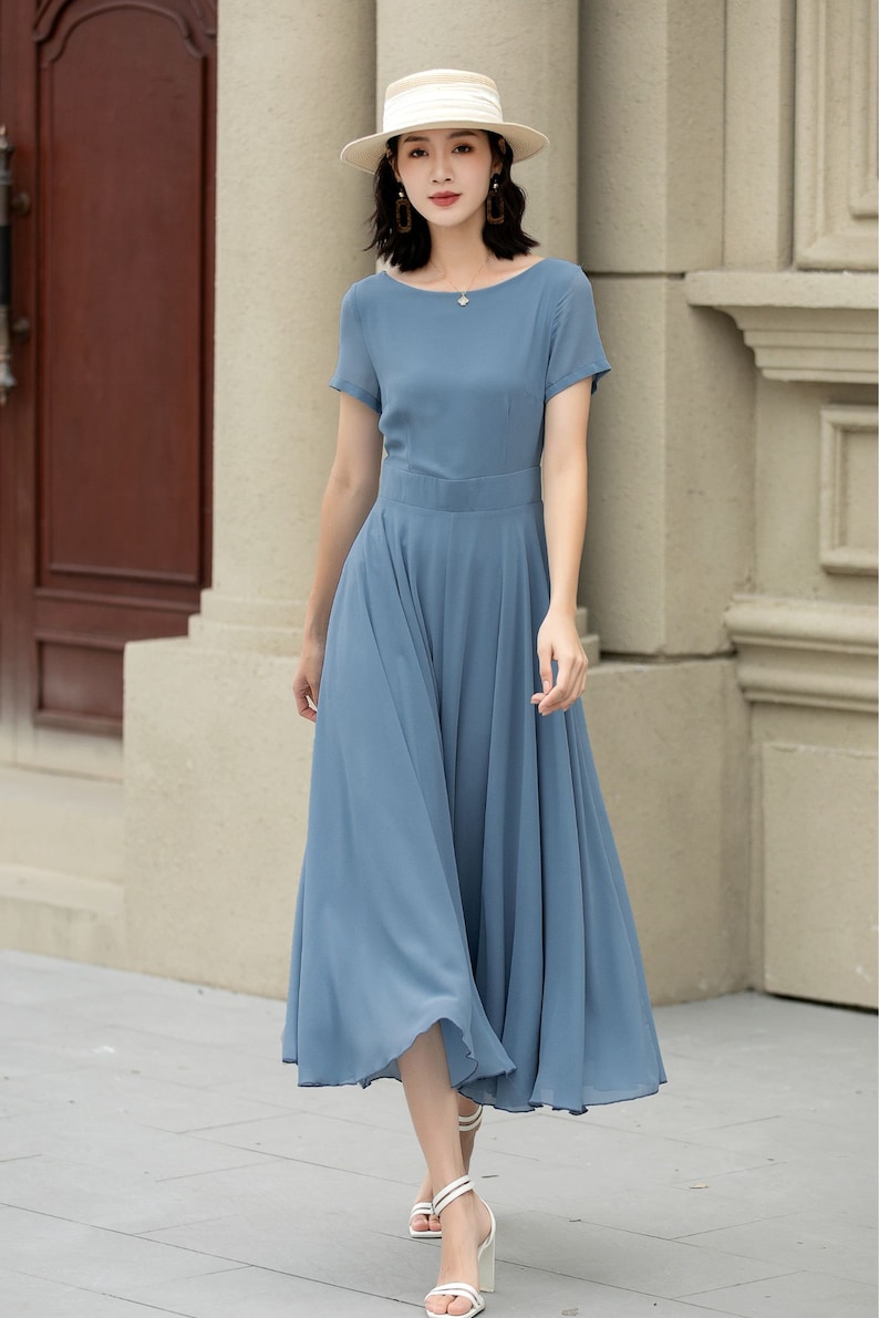 Summer office dress, Blue Chiffon Dress, Midi chiffon dress, Womens Swing Chiffon dress, fit and flare dress, Custom dress, XiaoLizi 5192 image 4