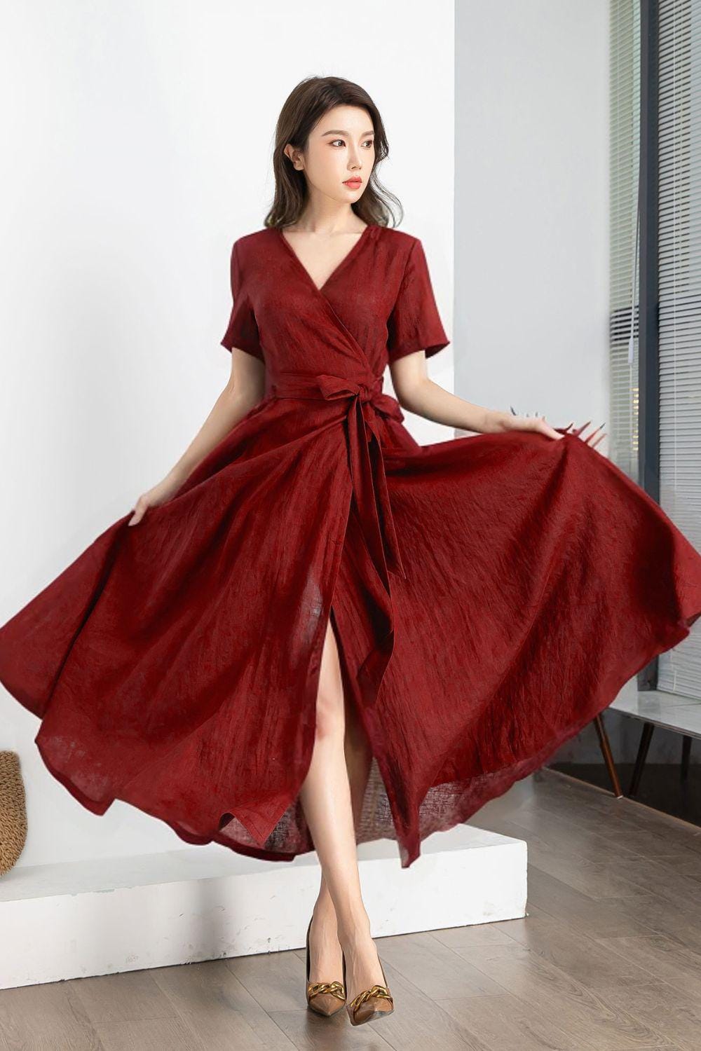burgundy wrap dress midi Burgundy Midi Wrap Dress with Flutter Sleeves