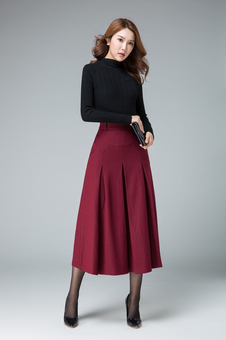Midi wool skirt, Red midi skirt, office skirt, High waist skirt, Long wool skirt, A Line skirt, romantic skirt, ladies skirts, Xiaolizi 1834 image 2