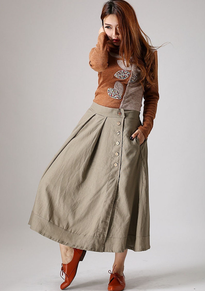 Khaki line skirt modern style maxi skirt with button detail | Etsy