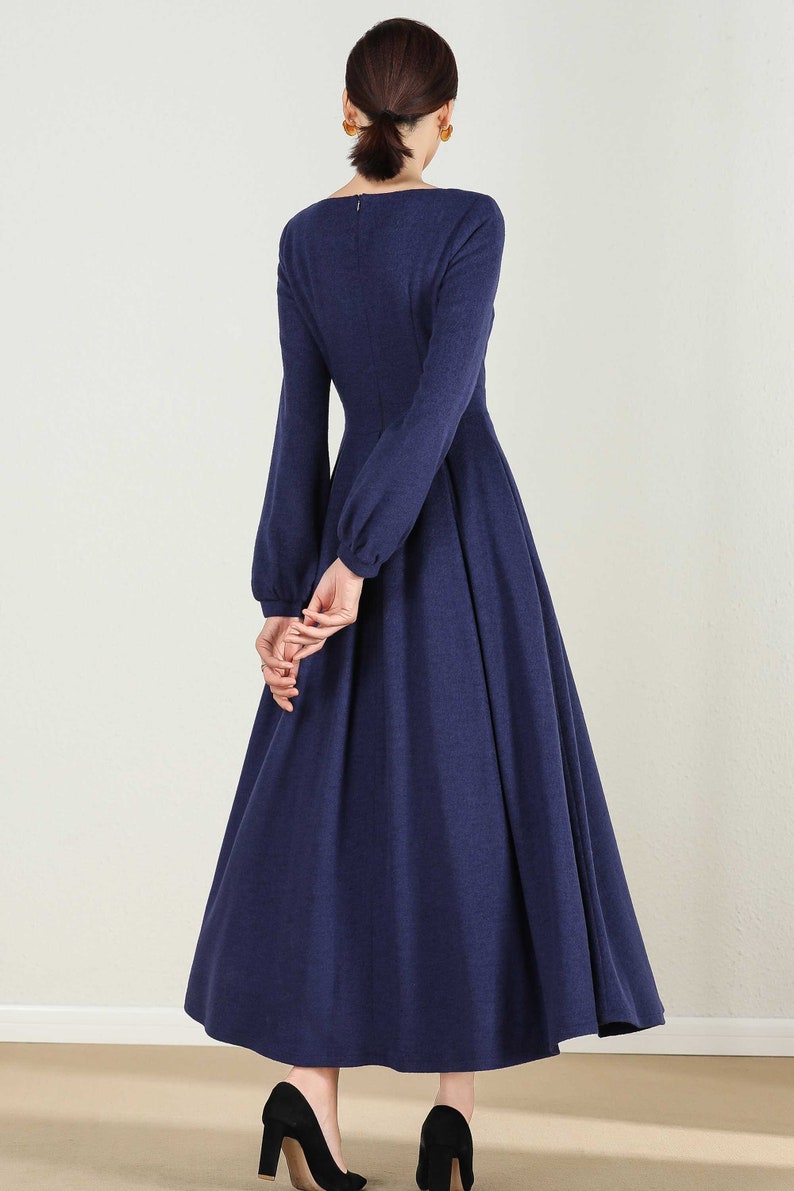 Long wool Maxi dress, Long sleeve wool dress, Blue wool dress, Wool dress, Woman dress, fit and flare dress, Autumn winter dress 2430# image 6