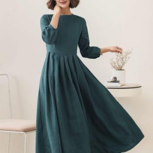 Green Linen Maxi Swing Dress - Flowy A-Line Design, Dress with Pleated and 3/4 Sleeves, spring custom dress, xiaolizi 5513