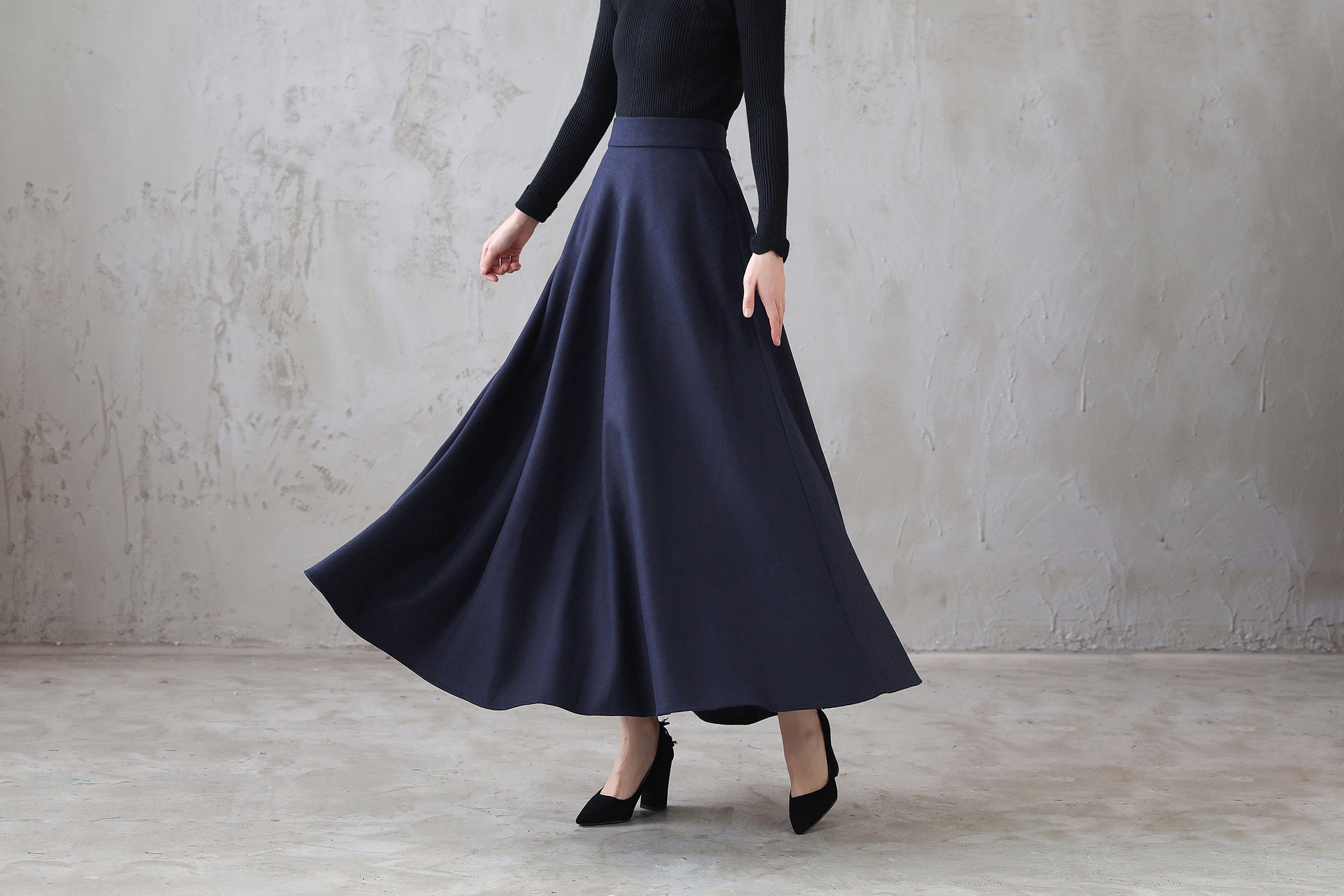 Blue Wool Maxi Skirt, Long Wool Skirt, A Line Wool Skirt