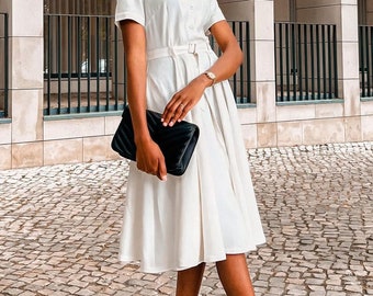 White Swing Shirt Dress Women, Midi Dress, Fit and Flare Dress, Spring Summer Long Dress, Short Sleeve Dress with Pockets, A Line Dress 3449