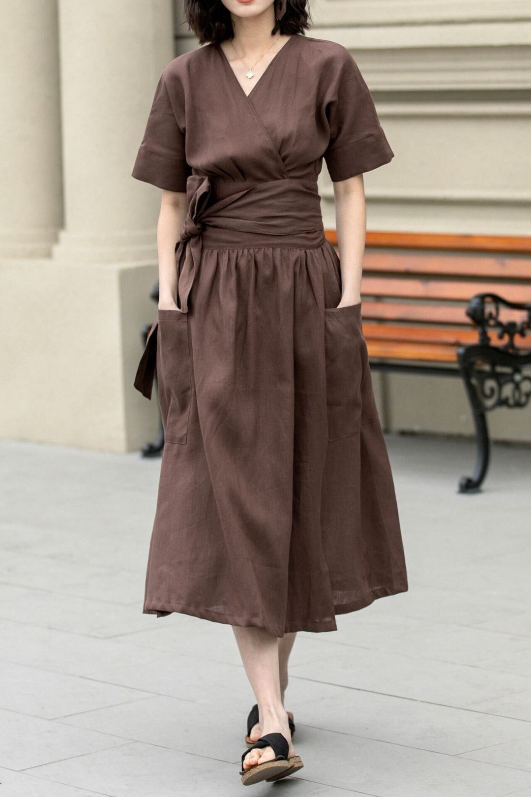 Linen Dress, Midi Linen Dress, Brown Linen Dress, V Neck Dress, Summer — free download