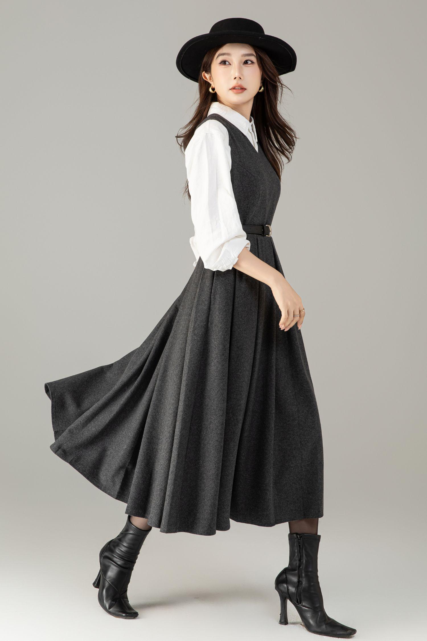 Grey Wool Midi Pinafore Dress: Vintage Style Pleated Jumper