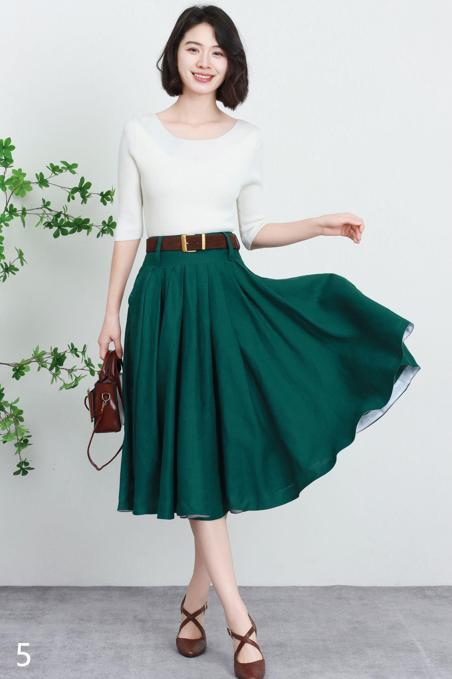 Linen Full Circle Skirt With Pockets, Pleated High Waist Skirt