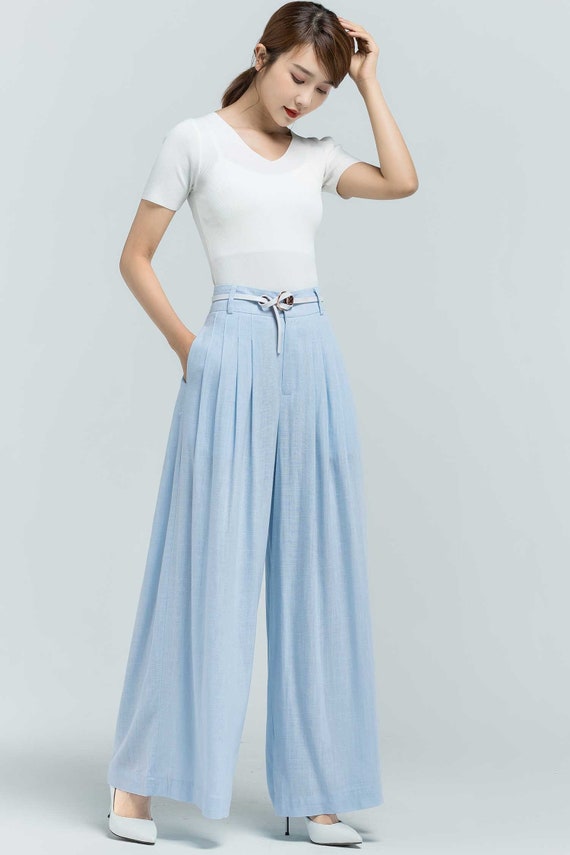 Wide Leg Cotton Linen Palazzo Pants, Casual Bohemian Style Skirt Pants, Linen  Pants, Linen Pants Women, Blue Pants, Summer Pants Outfit 2374 