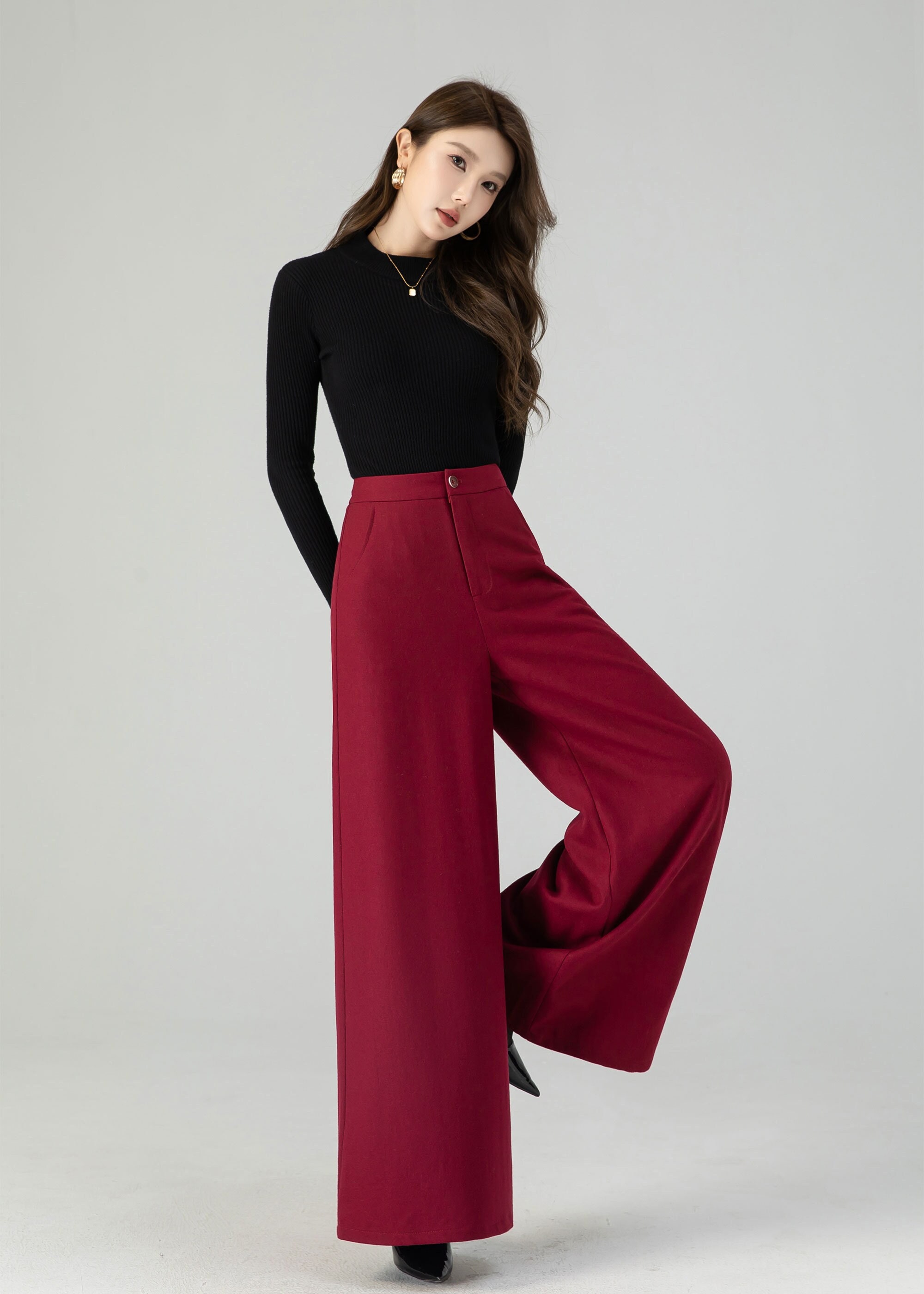 High waist burgundy wide leg long wool pants 4553 High waist burgundy wide leg long wool pants 4553