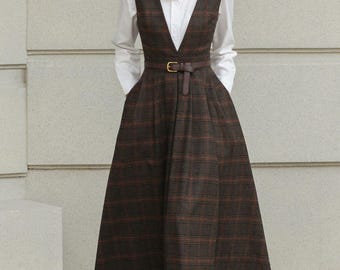 plaid collar dress flare hemline brown Elegant Brown Plaid Wool Midi Dress With Belt - Timeless A-line Style for  Fall and Winter Fashion, Custom, Xiaolizi 6417