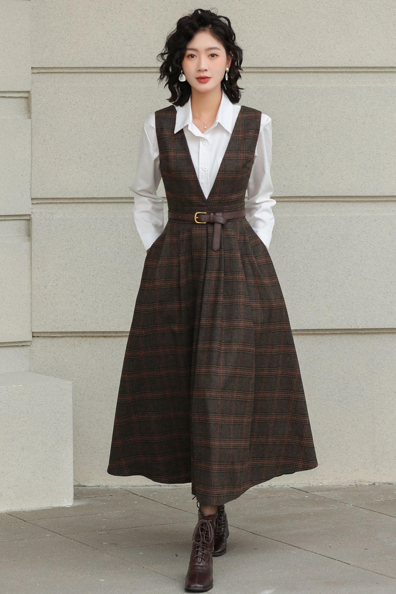 Elegant Brown Plaid Wool Midi Dress With Belt - Timeless A