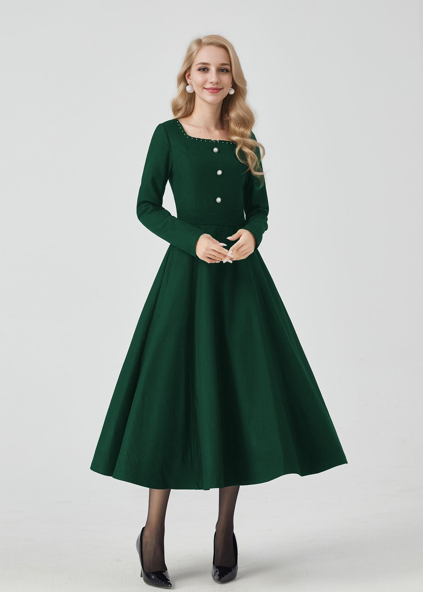 slim fit dress slacks 60s PEA GREEN WOOL FITTED SHIFT DRESS main image 0