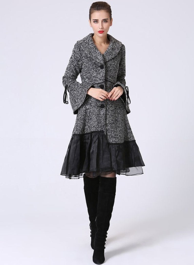 Swing White wool coat, winter wedding coat, wool coat for women, party coat, coat with lace, warm coat, dress wool coat, fashion coat 0725 gray-1052