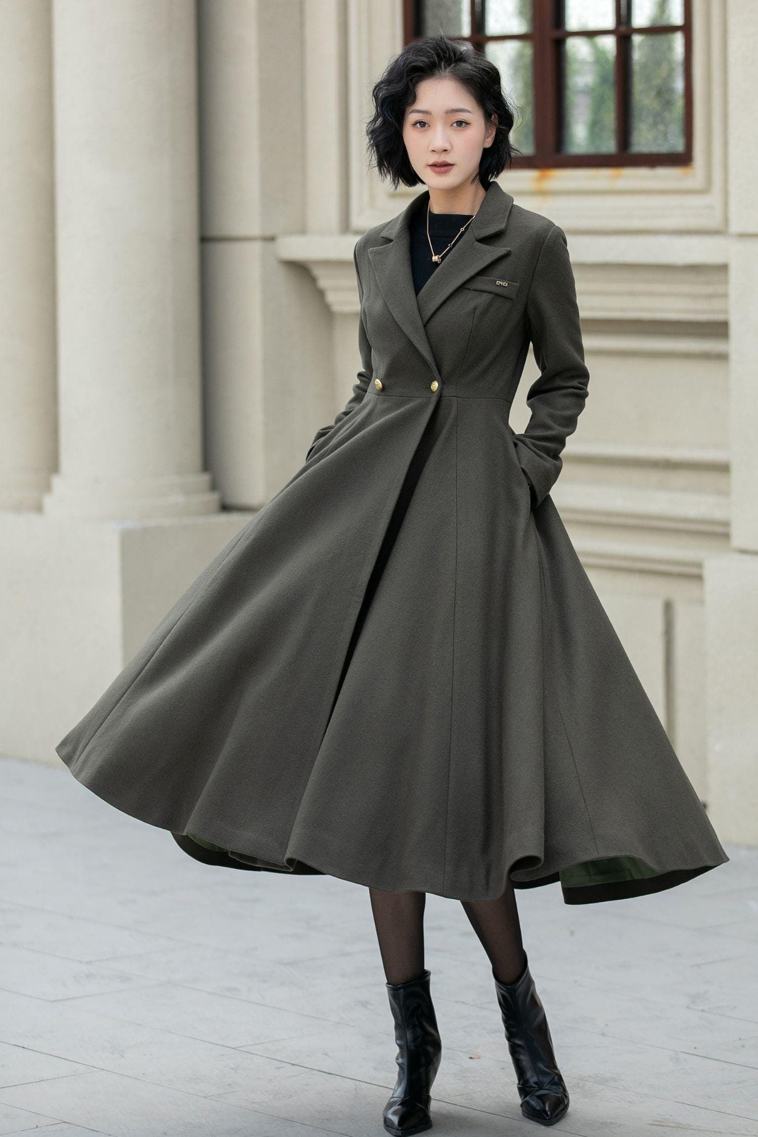 Midi Wool Coat, Army Green Wool Coat, Swing Wool Coat Midi Wool Coat, Army Green Wool Coat, Swing Wool Coat