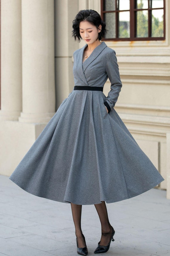 Fit and flare midi wool dress women 5457 Fit and flare midi wool dress women 5457