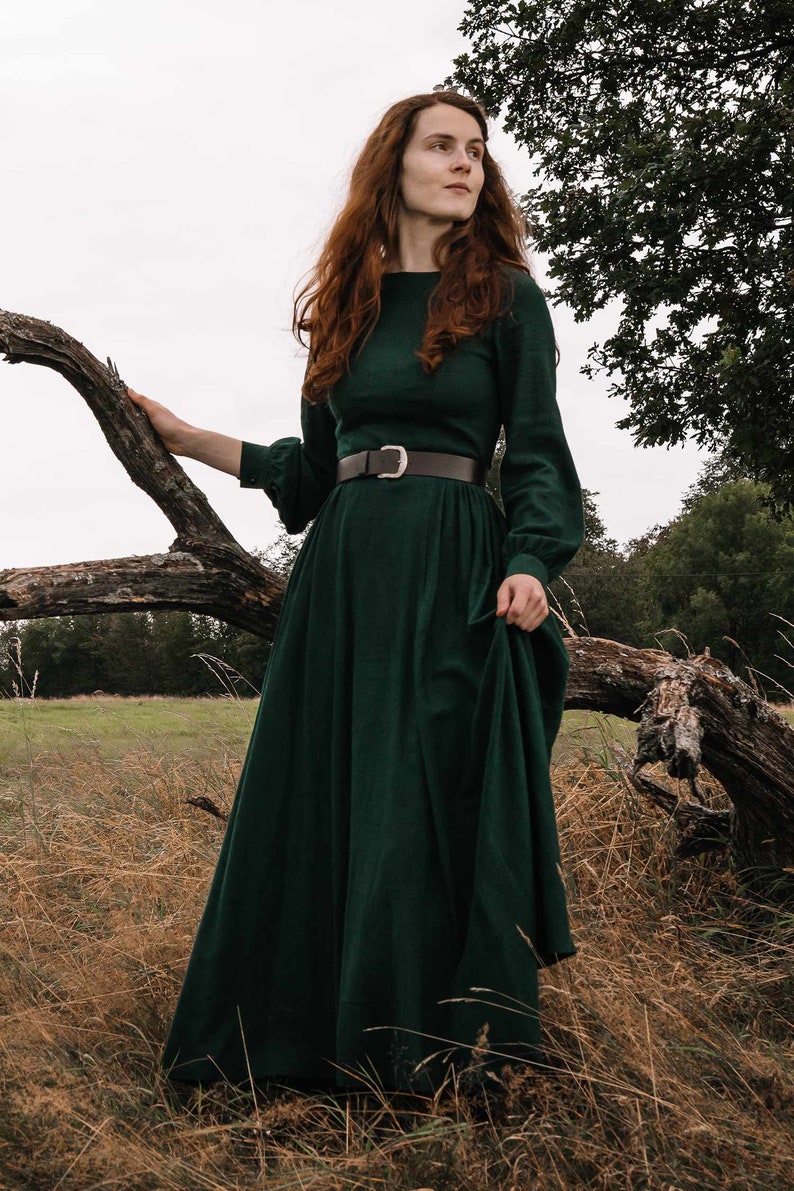 Women's Vintage Inspired Long Sleeve Medieval Maxi Dress, Green Long Linen Dress, Modest Linen dress, Spring Autumn Dress, Xiaolizi 1454 image 2