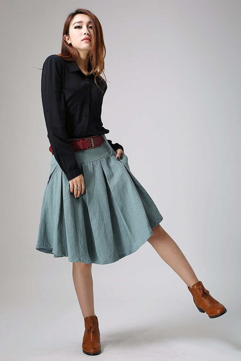 woman linen skirt pleated skirt skirt with pocket extra small skirt customer made skirt womens skirts 0915# midi skirt Green skirt