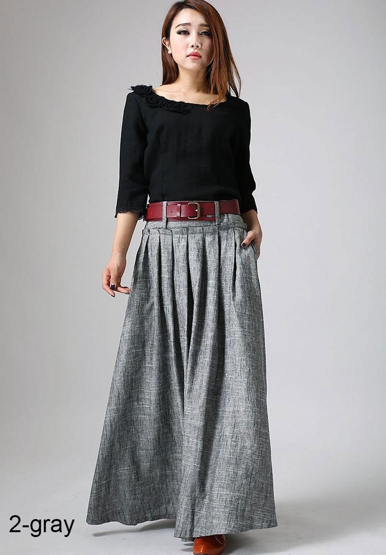 Swing Long Linen Maxi skirt for women, Navy blue walking skirt, High waist swing pleated skirt with pocket, women skirt, full skirt 1046 2 -Grey -911