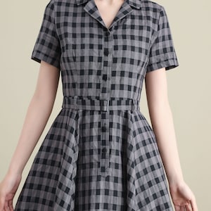 Checked Linen Shirt Dress, Women's Spring Summer Belted Shirtwaist Dress, Linen Midi Dress Women, Fit and Flare Dress, Xiaolizi 3377 image 6