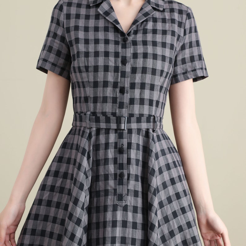 Checked Linen Shirt Dress, Women's Spring Summer Belted Shirtwaist Dress, Linen Midi Dress Women, Fit and Flare Dress, Xiaolizi 3377 image 6