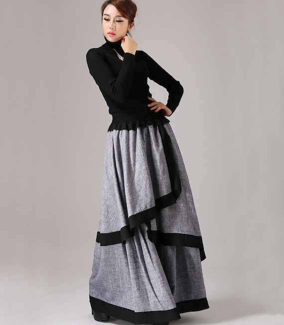 Gray long skirt linen maxi skirt layered skirt 0771# Gray long skirt linen maxi skirt layered skirt 0771#