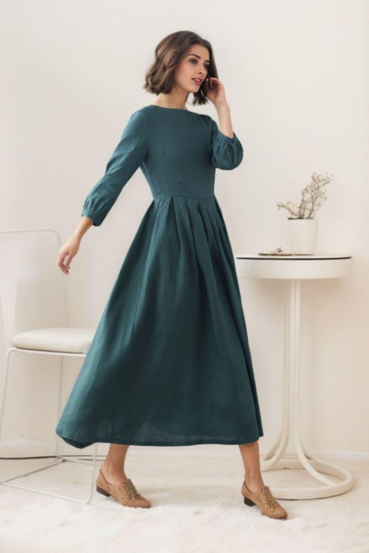 Green Linen Maxi Swing Dress - Flowy A-Line Design 5513 Green Linen Maxi Swing Dress - Flowy A-Line Design 5513