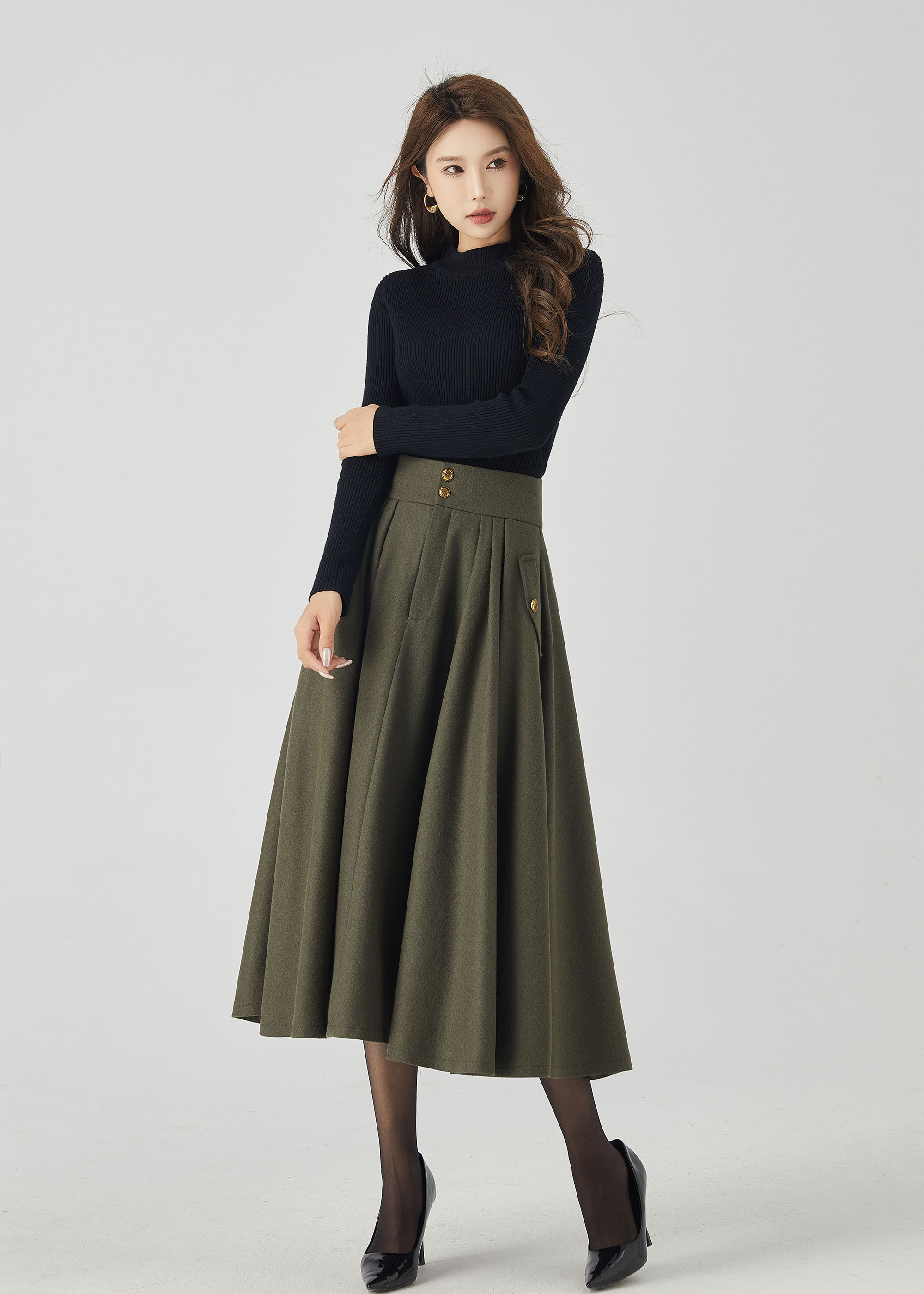 Midi Wool Skirt, Pleated Wool Skirt, Navy Blue Wool Skirt