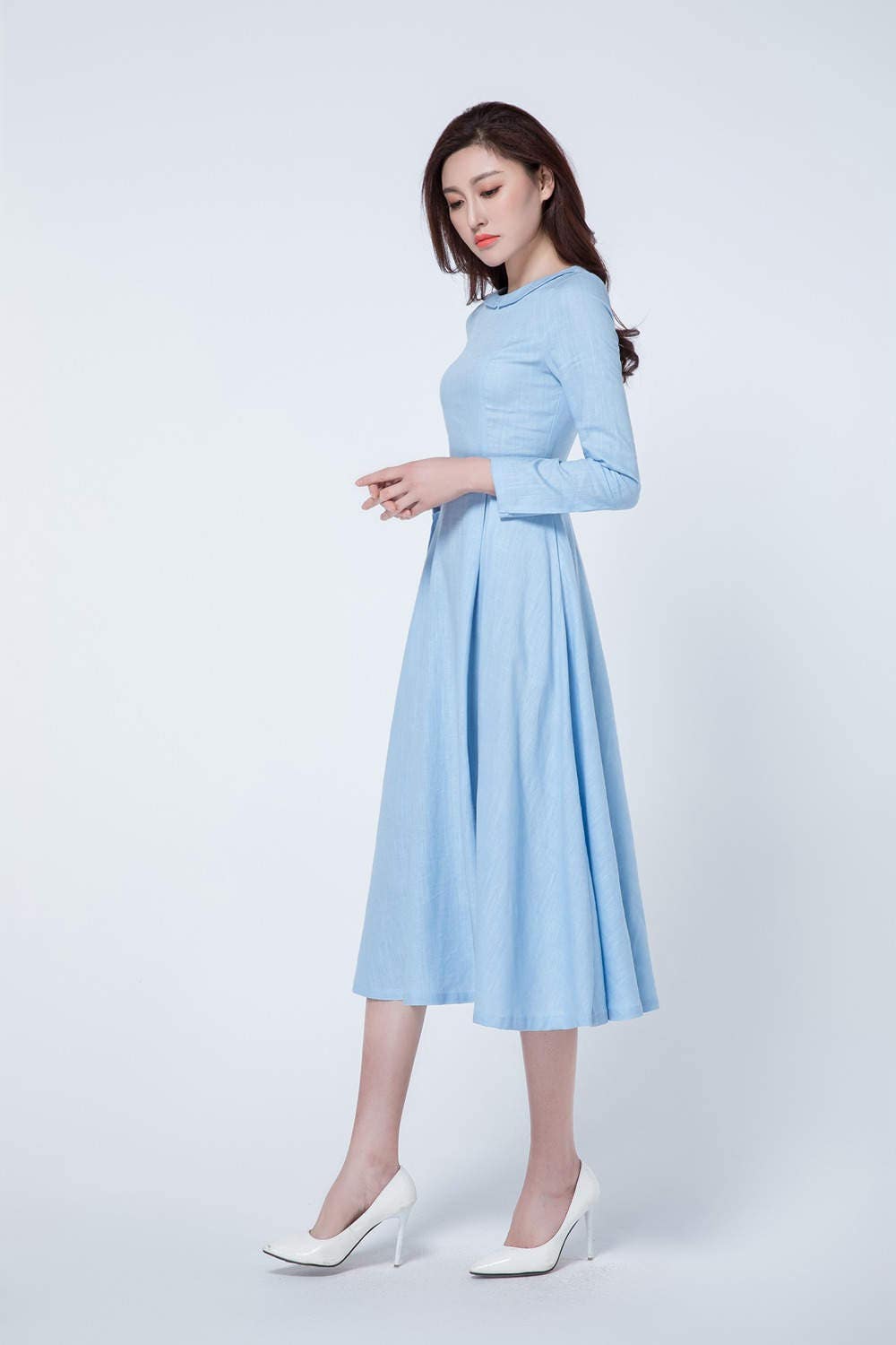 Light Blue Linen Midi Dress  Handmade Fit and Flare Spring | Xiaolizi 1727 Blue / S