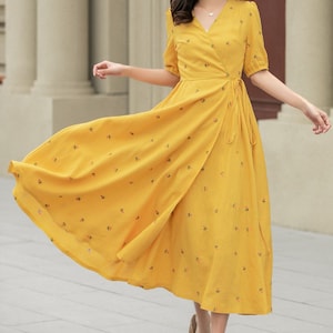 Linen dress, Swing Linen Dress, Wrap dress, Short sleeve floral midi dress, Fit and Flare Dress, Women Modest Linen Dress, Xiaolizi 4947 image 2