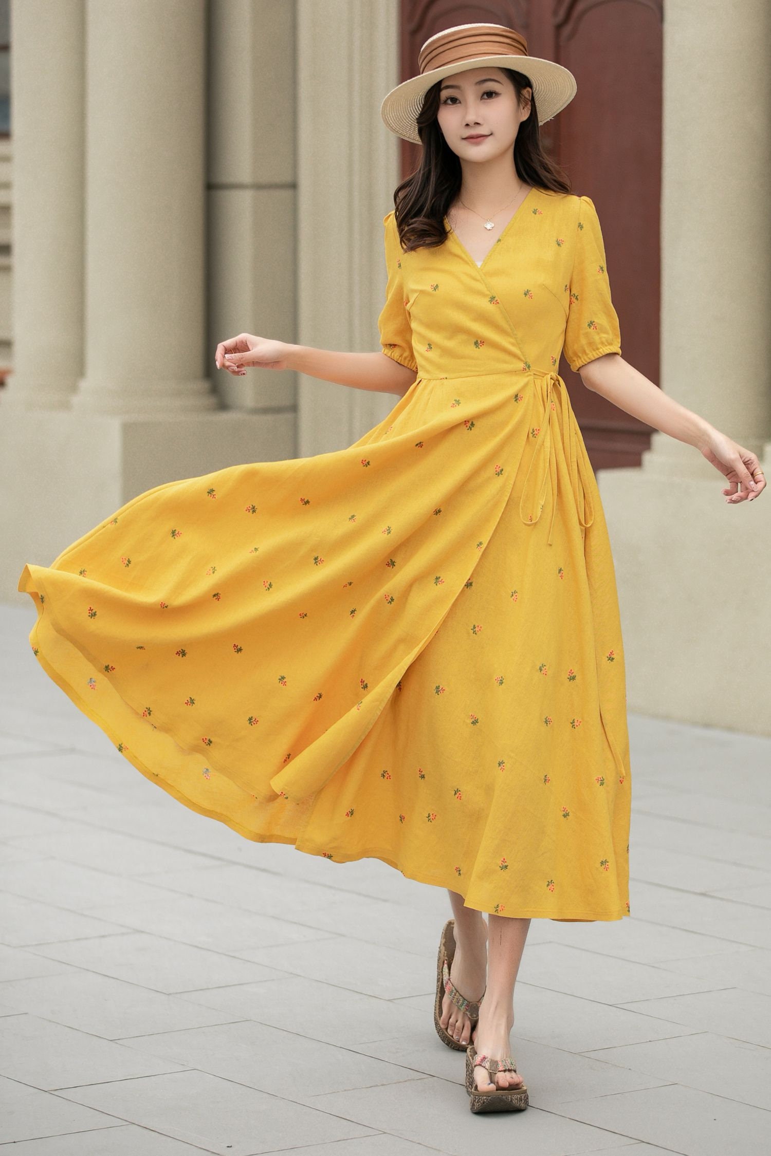 Wrap Linen Dress, Floral Short Sleeve Swing Linen Midi Dress, Womens Modest Date Dress, Summer Spring Floral Easter Dress, Xiaolizi 4947