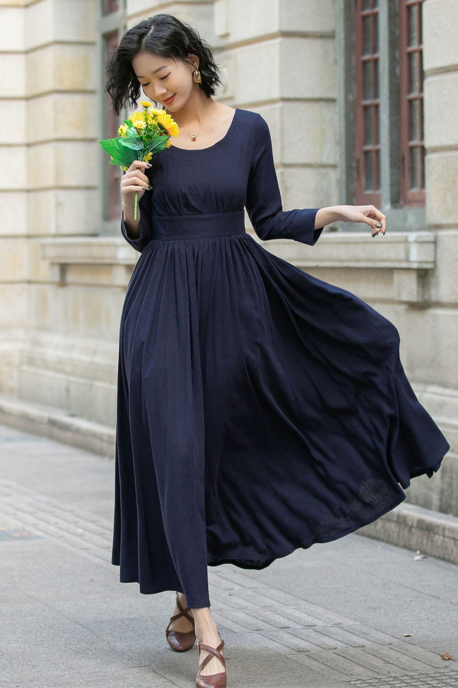 navy blue flowy dress Tiered Shirred flexible broad band, Gathered, Summer D Elegantly Framed With A Surplice Neckline And Petal Dusk Serenade Maxi Dress Navy/Yellow