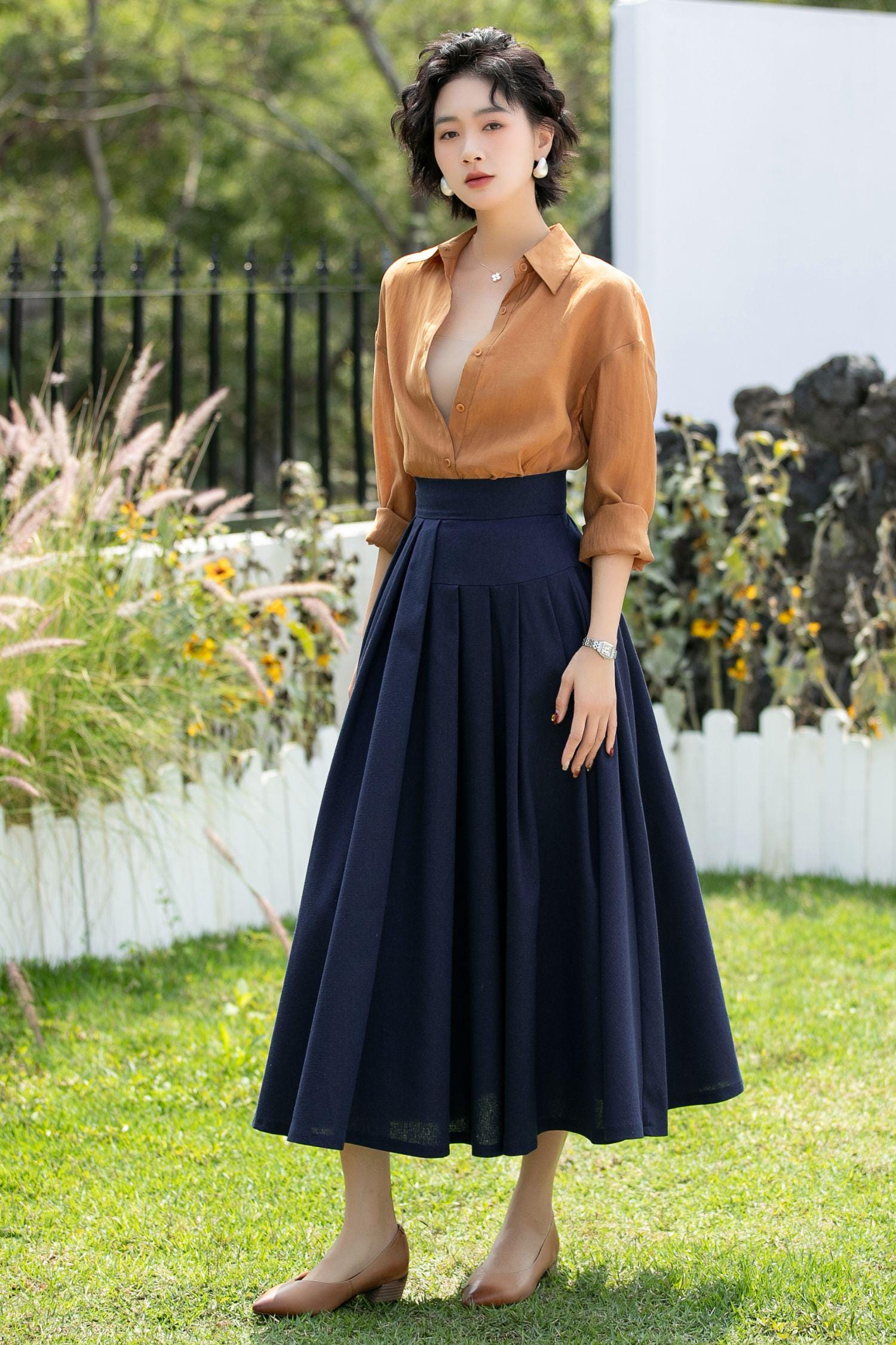Navy Blue Linen Midi Skirt: High Waisted Pleated A-line Skirt