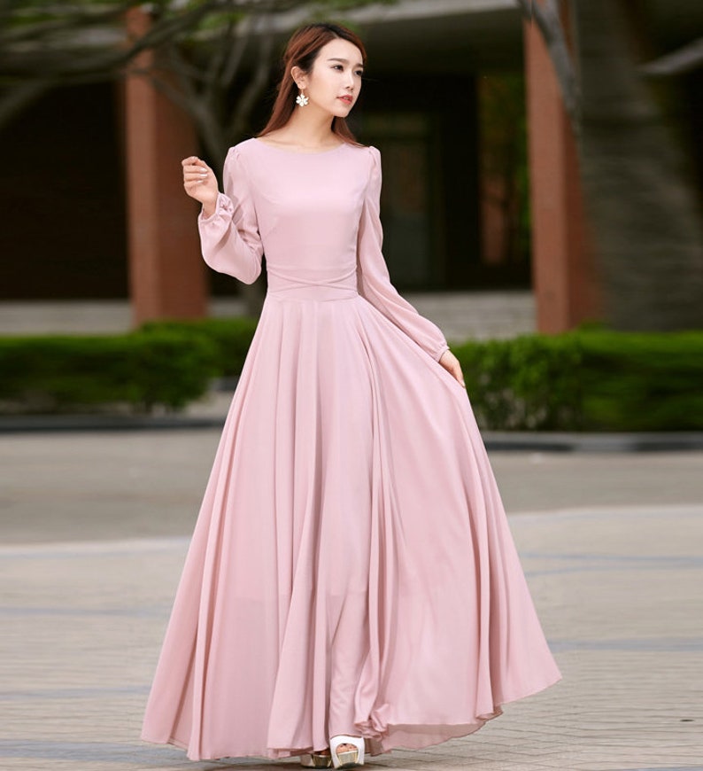 Chiffon dress, Pink dress, Long sleeve Bohemian Swing Chiffon dress, Women Summer spring Fit and Flare Chiffon Maxi dress, Custom dress 2623 image 3