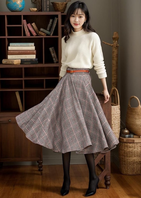 Handmade Midi Wool Plaid Circle Skirt For Women 4781 Handmade Midi Wool Plaid Circle Skirt For Women 4781