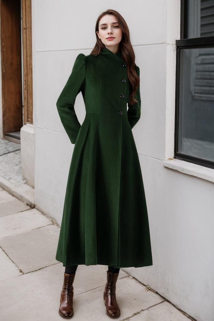 Elegant Dark Green Wool Princess Coat: Vintage Inspired Winter