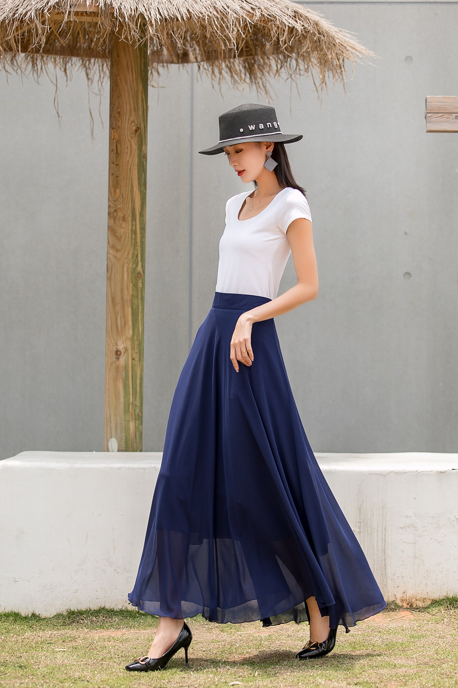 A Line Chiffon maxi Skirt in blue Solid summer Chiffon Skirt | Etsy