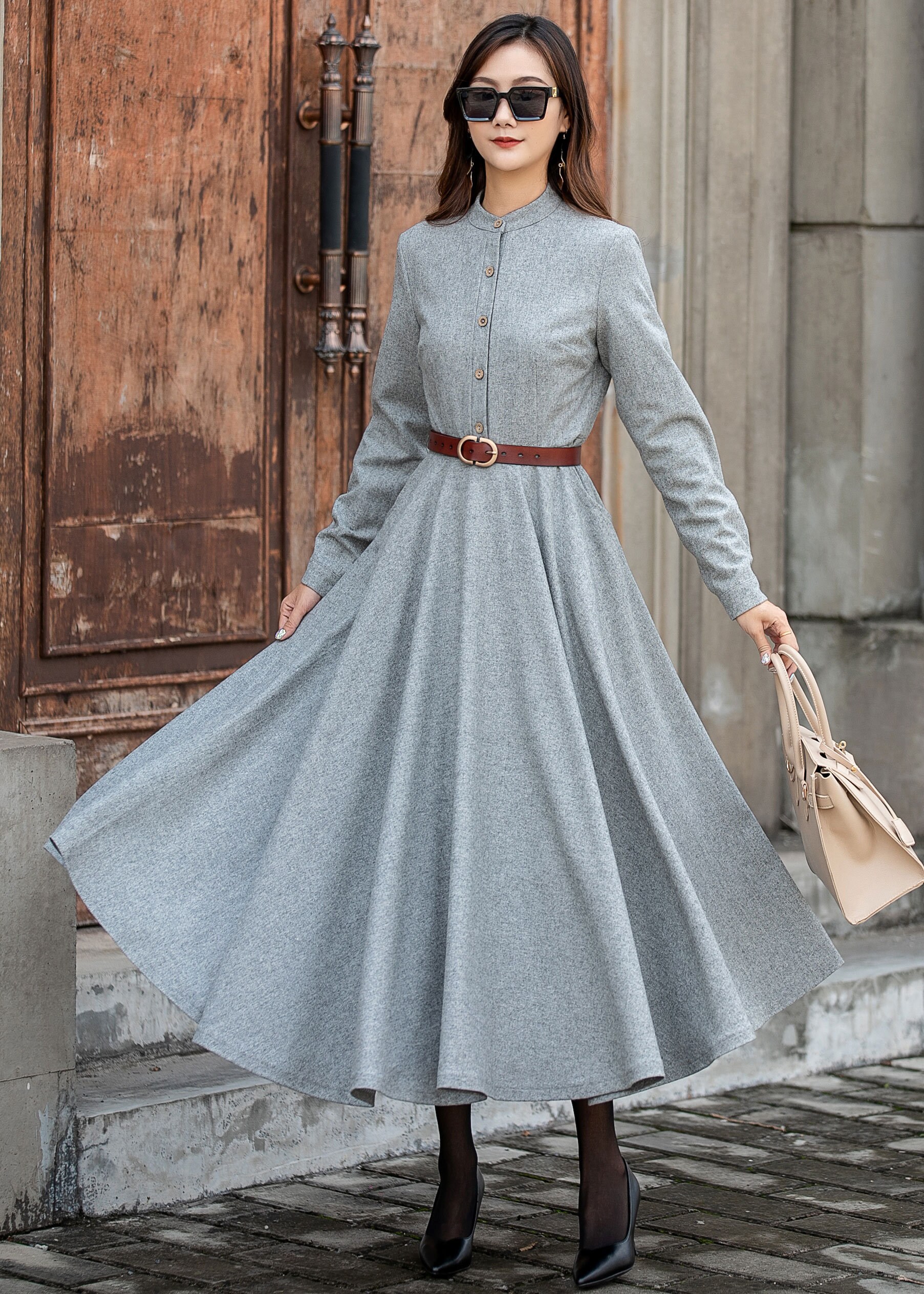 Long Sleeve Wool Dress Wool Shirt Dress Buttonup Wool Etsy UK