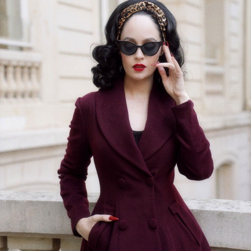 Burgundy Wool Swing Coat: 1950s Vintage Style Double Breasted Burgundy Wool Swing Coat: 1950s Vintage Style Double Breasted