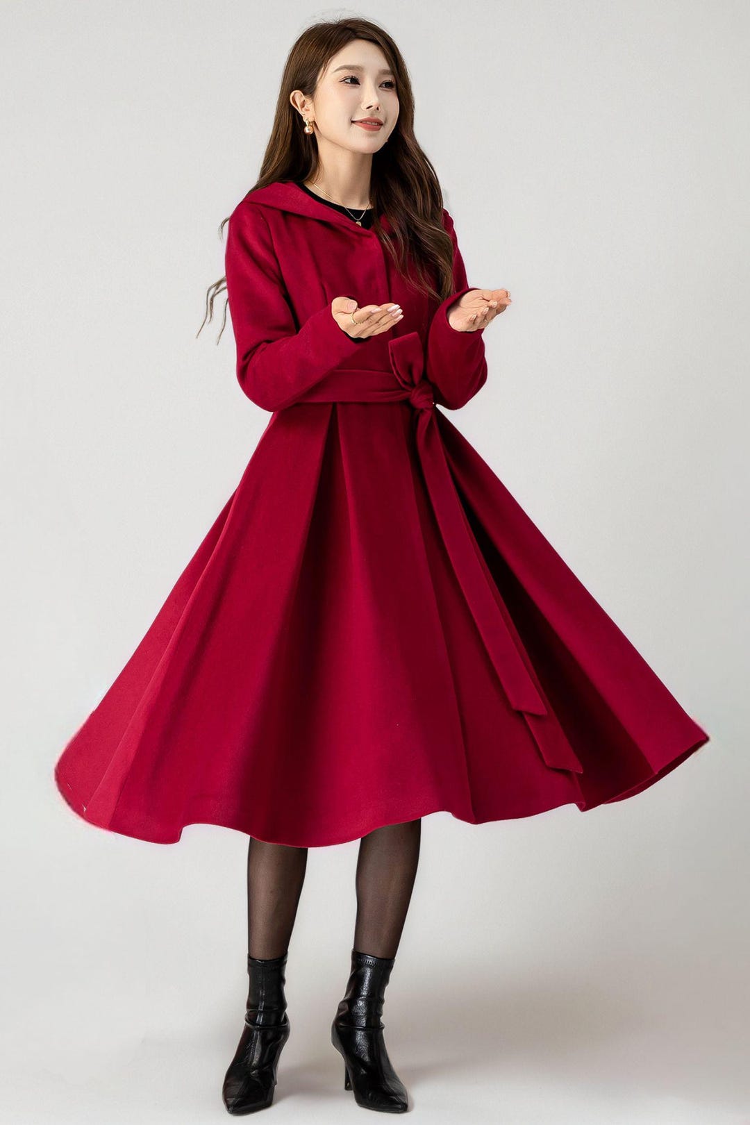 オーストラリアウール Red Hooded Wool Coat, Women Wool Coat, Swing Midi Coat, Warm