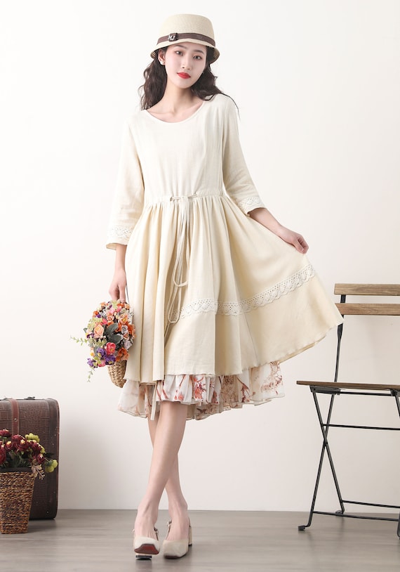 beige swing dress Summer Bohemian Ruffled Midi Dress, Plus Size Sweetheart Bridal Dress, Beige for Women, Modest Dress, Custom Dress 2570# formal beige dress outfit How to Assemble A SEASON: Immediate flare silhouette Variant:XS