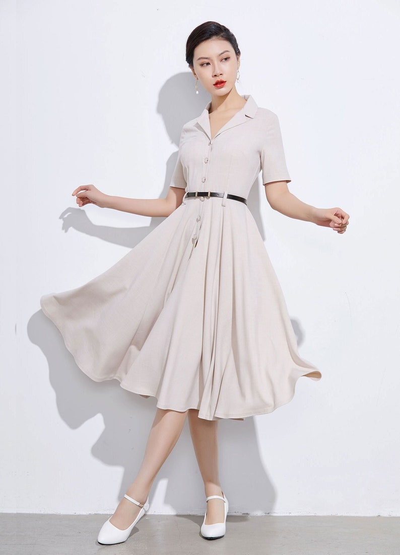 Vintage Inspired Swing Midi Dress Women, Fit and Flare Dress, 50s Work Dress, Short sleeve Button up Long Dress, Custom party dress 2318 1 - Beige -2318#