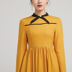 yellow dress, winter wool dress, fit and flare dress, formal dress, warm dress, womens dresses, long sleeves dress, modern dress 2233 image 7