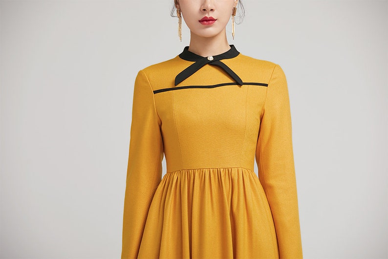 yellow dress, winter wool dress, fit and flare dress, formal dress, warm dress, womens dresses, long sleeves dress, modern dress 2233 image 7