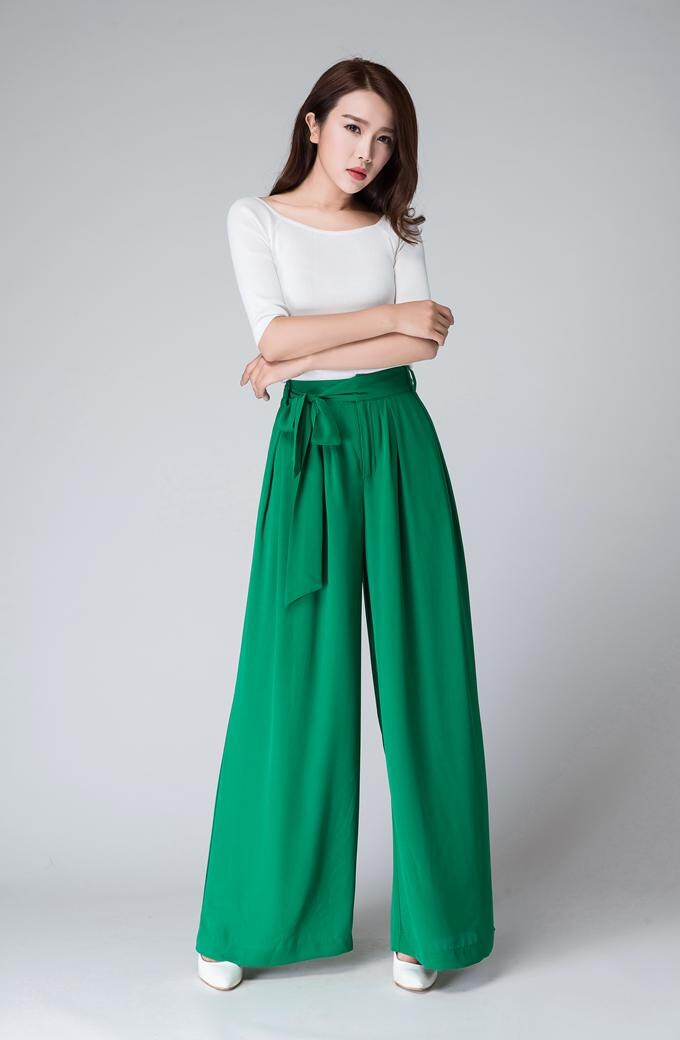 wide leg pants green pants chiffon maxi pants women long | Etsy