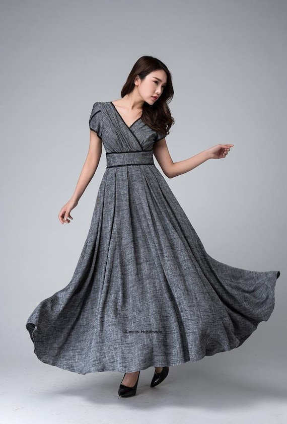 Retro Empire Waist Maxi Dress, Linen Dress, Bridesmaid Dress