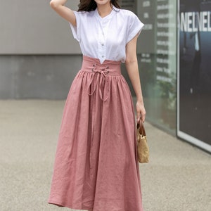 Pink Linen skirt, Long linen skirt for women, pleated linen maxi skirt, High waist Swing skirt with pockets, Womens skirt, Xiaolizi 4261 image 8